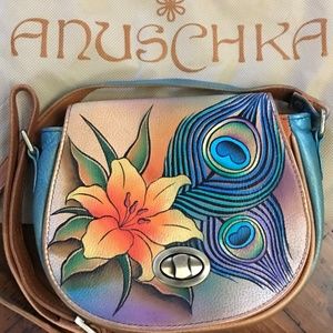 Anuschka Hand Painted Leather Peacock Lily Bag